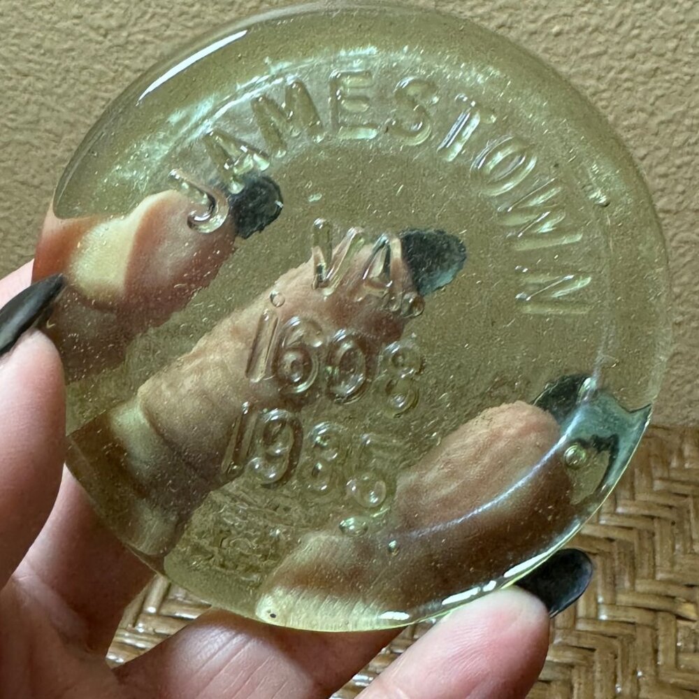 Jamestown VA 1608-1985 Commemorative Glass Paperweight With Embossed Text